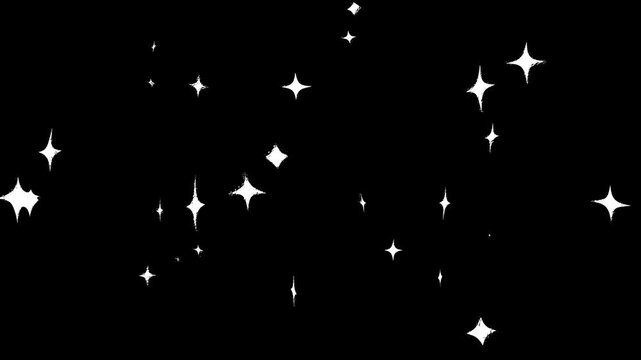 Shining stars on a black screen. Concept of a sparkling clean surface. Doodle style Animation effect of a new beautiful surface. Glitter sparkle animated, 2D Animation, White shining dust light.