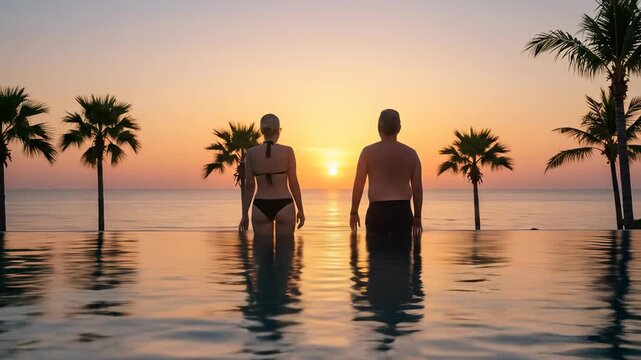 Mature couple enjoying a tropical sunset swim in an infinity pool overlooking the ocean with palm trees, creating a serene vacation scene.