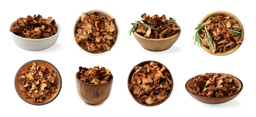 Dried mushrooms in bowls isolated on white, set. Top and side view