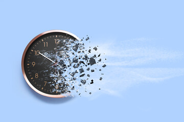 Time running out. Clock dissolving on light blue background