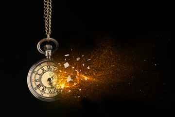 Time running out. Pocket watch dissolving against black background, closeup