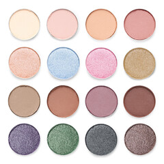 Eyeshadow refill pans for palette isolated on white, top view. Decorative cosmetic