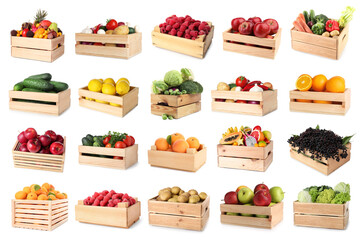 Many fresh ripe fruits and vegetables in wooden crates isolated on white, collage