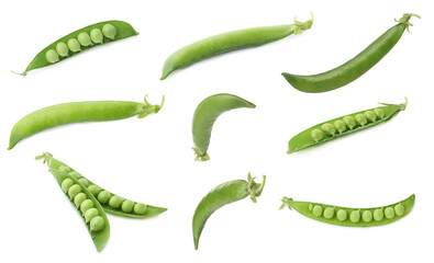 Fresh green peas in pods isolated on white, set