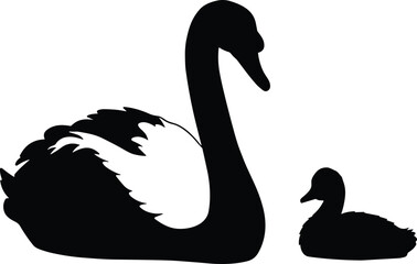 Elegant silhouette of a graceful adult swan with its small cygnet beside it, symbolizing maternal love, nature's beauty, and family bonds in a serene, minimalist design.