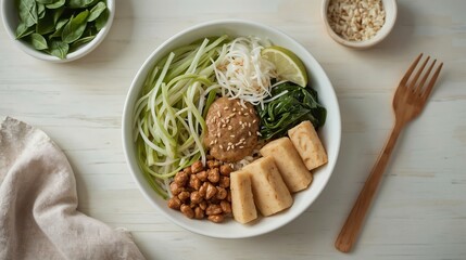 Gado-Gado with mix of boiled vegetables, tofu, tempeh, and egg served with thick peanut sauce, fried shallots, and crackers, a popular street-style salad dish.