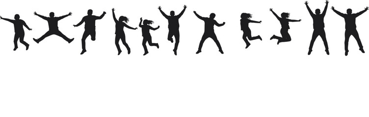 Energetic silhouette of diverse people, including adults and children, joyfully jumping and celebrating together, symbolizing happiness, freedom, success, and team spirit in a vibrant collection.