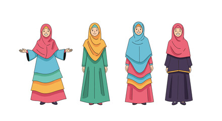Four women dressed in colorful hijabs and modest islamic clothing standing together posing for a picture showing their outfits