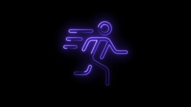 Glowing neon purple running man icon with motion lines isolated on black background futuristic symbol of