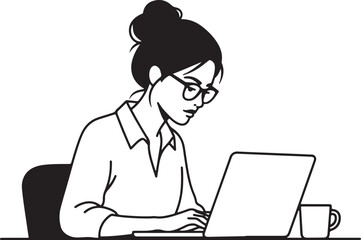 Focused Woman with Bun Working on Laptop Line Art Style.