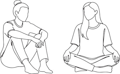 Two Women Sitting in Simple Line Art Style.
