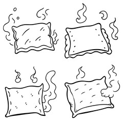 Four cartoon pillows emitting steam or smoke, outlined in black on a white background, simple drawing