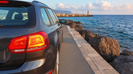 Woman driving car along seaside road with rocky shoreline and lighthouse in background