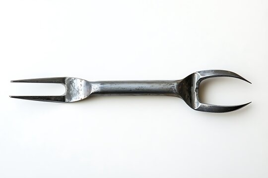 A retractor tool with wide blunt prongs and a glossy metal body, laying flat on a bright white background