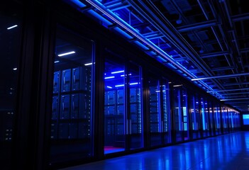 Sleek glass-fronted data center, glowing blue interior at night,  hardware,  automation