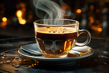 Hot coffee emits steam in a dimly lit setting with scattered coffee beans on a dark surface