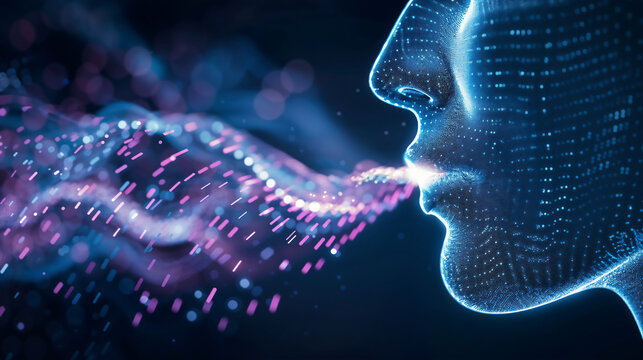 A luminous, abstract profile of a human face emits a mesmerizing stream of glowing, digital particles, representing artificial intelligence, speech, or the flow of data communication. Voice cloning