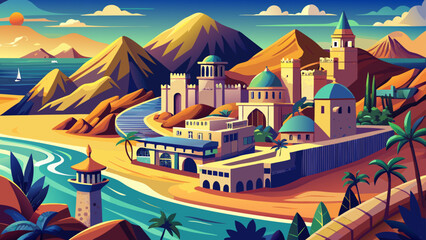 Fujairah, UAE – Mountainous desert meets ocean coastline. Forts and mosques blend with nature, offering raw textures for compelling vector imagery.