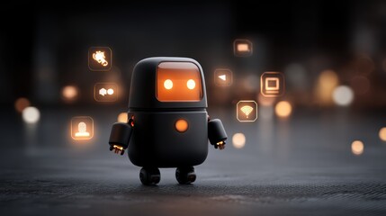 A small black robot with glowing orange eyes and icons floats around it, symbolizing digital connectivity and advanced technology, cute futuristic AI robot