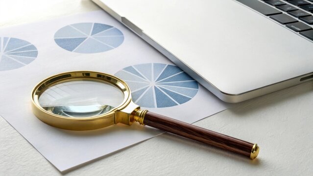 Magnifying glass over pie charts with laptop isolated on transparent background - Powered by Adobe