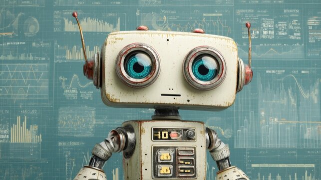 A vintage robot with large blue eyes and antennas stands in front of a chalkboard filled with scientific charts and graphs, cute futuristic AI robot
