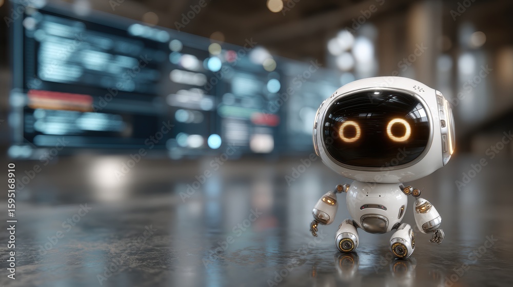 Poster a small, futuristic robot with glowing eyes stands on a reflective surface in front of a blurred dig