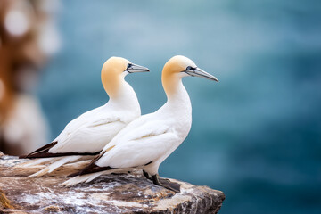 Portrait of pair Northern Gannet (Sula bassana) Sea bird on the rock cliff