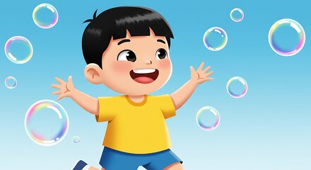 Fototapeta premium An energetic cartoon boy joyfully runs and jumps, arms outstretched, surrounded by a magical cluster of floating, iridescent bubbles against a clear blue sky.