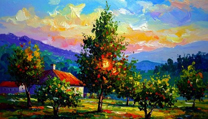 Fototapeta premium Vibrant Impasto Oil Painting of Rural Landscape with House and Glowing Trees at Sunset