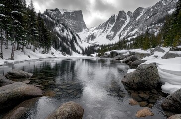 Dream Lake in Rocky Mountain National Park, covered with snow and ice, surrounded by pine trees