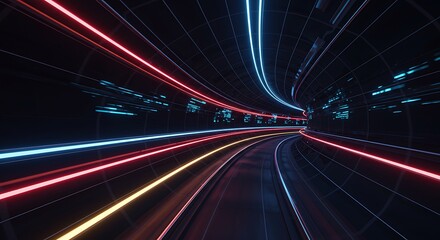 Abstract Tunnel with Red and Blue Light Trails in Dark Sci-fi Architecture