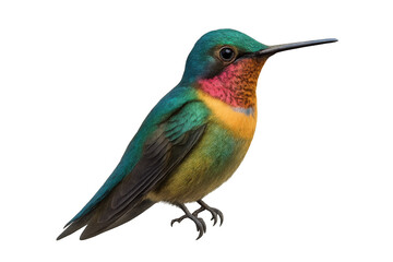 Fototapeta premium Iridescent hummingbird hovering, detailed side profile, shimmering plumage against clean white backdrop