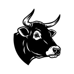 Black and white vector illustration of a bull head in mascot style. Suitable for logo design, farm branding, or sports identity with strong and bold character