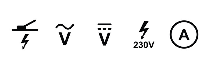 Voltage and current electrical symbol icon set for circuit power measurement safety sign energy utility graphic vector illustration collection design.