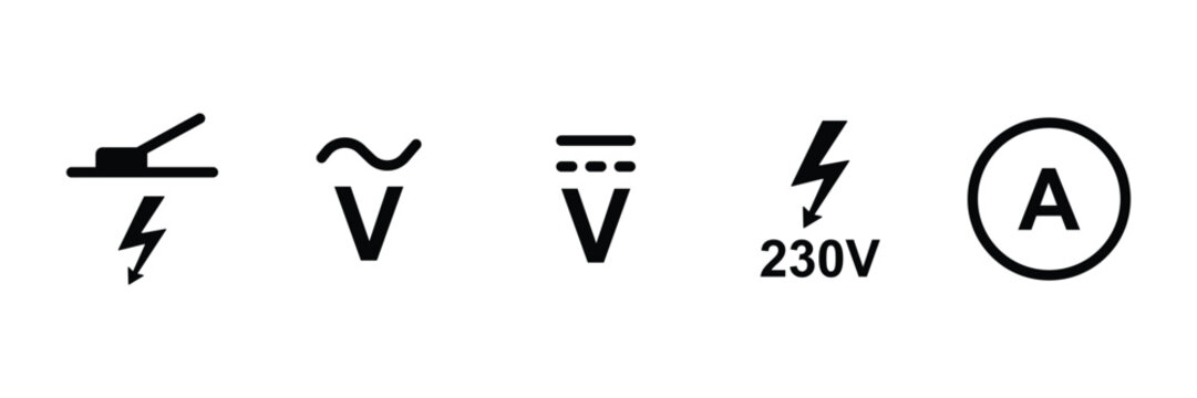 Voltage and current electrical symbol icon set for circuit power measurement safety sign energy utility graphic vector illustration collection design.