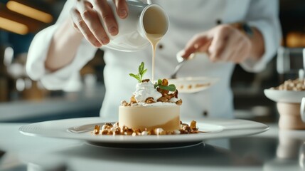 Chef pouring sauce on creamy dessert whipped cream nuts garnish Food Culinary