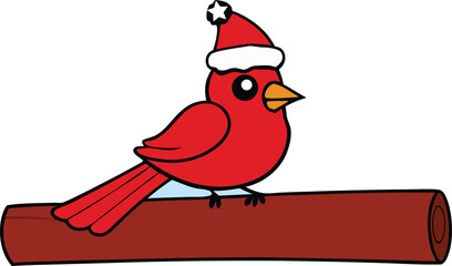 Festive cardinal bird wearing Santa hat perched on snowy log in winter forest. Christmas holiday themed wildlife photo perfect for seasonal greeting cards, nature lovers, and decorations.