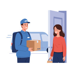 Delivery man with backpack handing parcel to woman