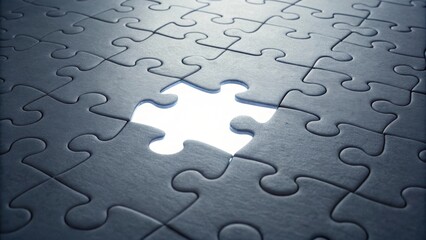 Fototapeta premium A single brightly lit puzzle piece missing from a dark jigsaw puzzle isolated on transparent background