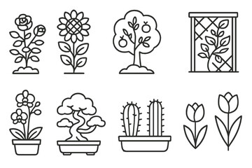 Garden, botanical line icon set. flowers, plants, gardening outline collection