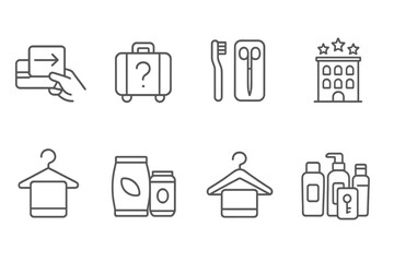Travel essentials outline icon set. suitcase, hotel, toiletries, hanger icons