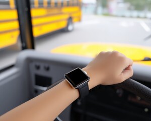 Obraz premium Driver receiving insurance renewal alert on smartwatch, School bus insurance