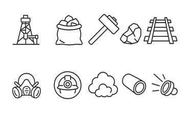 Fototapeta premium Mining and industrial icon set. tools, equipment, and safety icons outline collection
