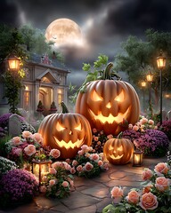 Scary pumpkins glowing near old house high resolution picture