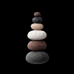Balanced Stones Stacked in a Minimalist Style on a Black Background for Tranquility and Meditation Themes