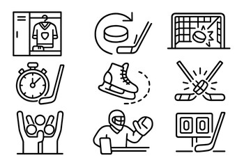 Hockey, ice sports outline icon set. skating, stick, puck, goal line art collection