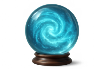 Glass sphere nestled on wooden base, containing swirling galaxy colors within transparent crystal orb