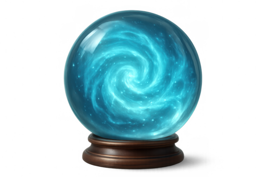 Glass sphere nestled on wooden base, containing swirling galaxy colors within transparent crystal orb