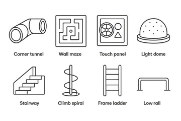 Fototapeta premium Playground equipment outline icon set. fun, kids play symbols line collection