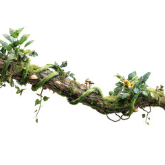 botanical element of mossy tree branch with jungle vines and fungi isolated on transparent background
